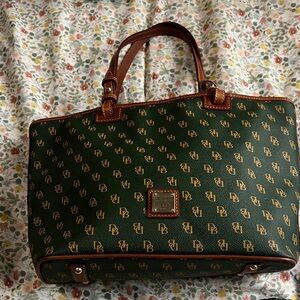 Dooney & Bourke Dark Green Logo Tote with Brown Trim